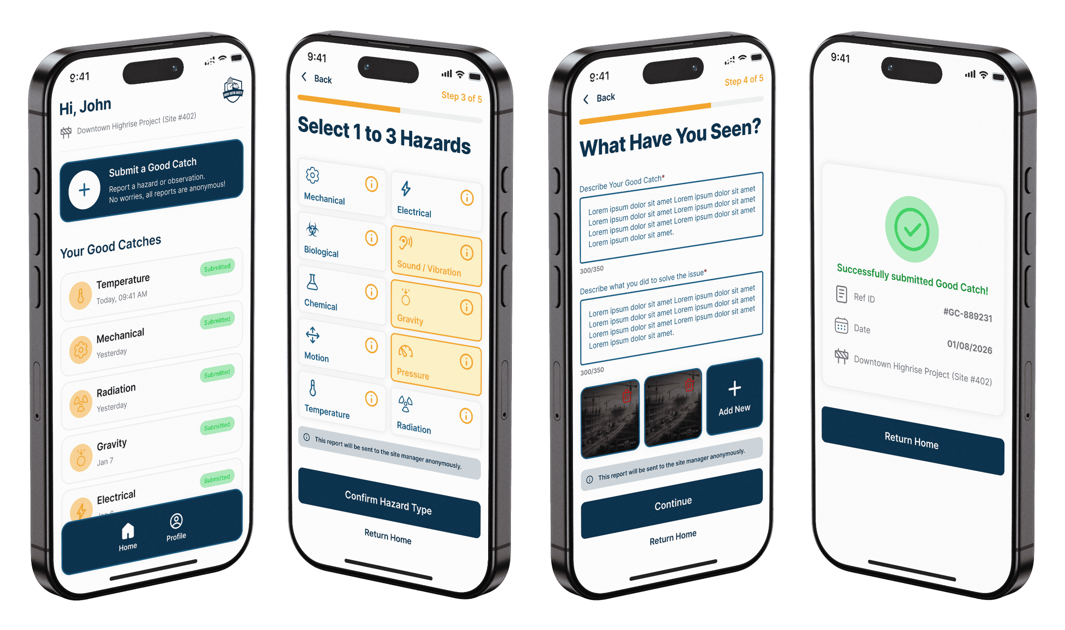 GCCSWA mobile app screenshots showing the hazard reporting interface